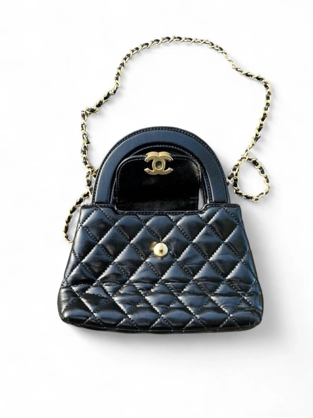 CHANEL Black Quilted Mini Top-Handle Bag with Gold Chain Strap